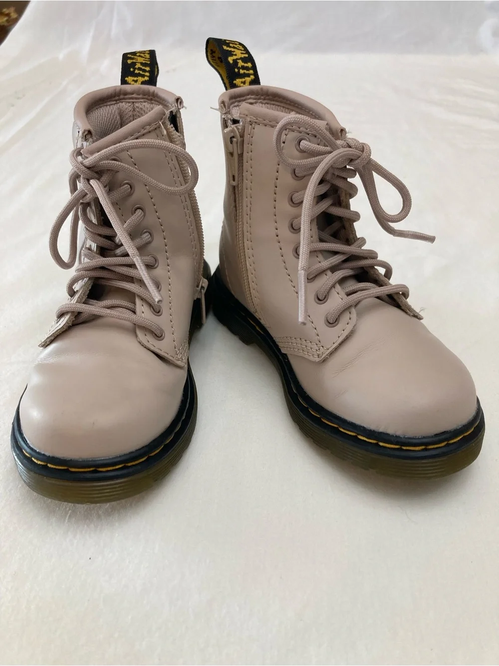 Dr. Martens Taupe Lace-Up Leather Boots With Yellow Stitching size 8 US